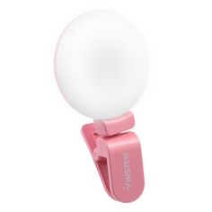 a pink phone holder with a white ball on it's top and an attached clip