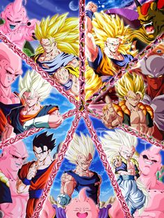 dragon ball wallpaper with many different characters in the center and one being surrounded by others