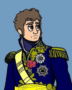 an animated drawing of a man in uniform with flowers on his chest and yellow ribbon around his neck