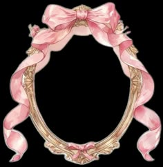 a pink and gold frame with a bow around it's edges, on a black background