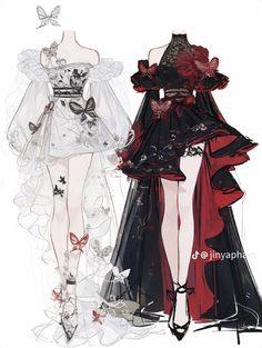 two dresses with butterflies on them are shown in this drawing, one is red and the other is black