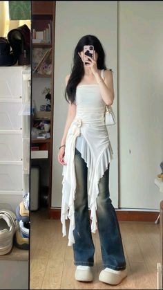 #fashion #aesthetic #ulzzang #outfits #outfitideasforwomen #streetstyle #feminism Outfit Design Inspiration, Mini Dress With Jeans Outfit, Dress On Jeans Outfit, Jeans And Dress Outfit Y2k, Simple Layering Outfits, Jeans Over Dress, Dress Over Jeans Aesthetic, Caretaker Outfit, White Woman Outfit