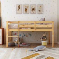 a child's bedroom with a wooden bunk bed and toys on the floor in front of it