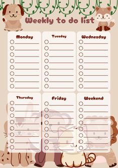 a printable weekly to do list with animals and plants on the side, in front of