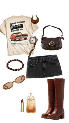 a woman's outfit and accessories including boots, t - shirt, bracelets, sunglasses