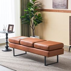 a living room with a couch, table and potted plant