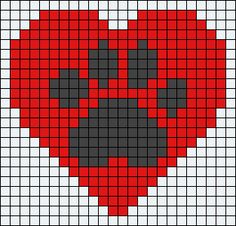 a cross stitch pattern with a red heart and black paw print on the bottom half