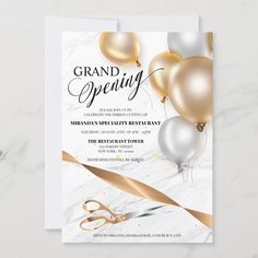 a grand opening party with gold and silver balloons, scissors and streamers on white paper