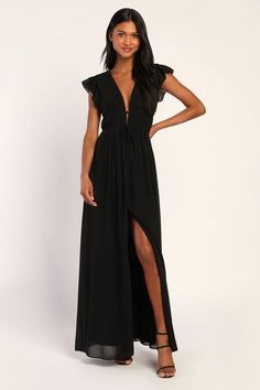 Long Black Dress Lulus, Black Maxi Dress Bridesmaid, Black Tie Wedding Guest Dress Lulus, Formal Wedding Guest Dress Lulus, Black Maxi Dress Wedding Guest, Black Chiffon Bridesmaid Dress, Black Bridesmaid Dresses With Sleeves, Black Tie Summer Wedding Guest, Brunch Shoes Black Tie Wedding Guest Dress, Black Bridesmaids, Lulus Dresses, Formal Dresses Gowns, Black Bridesmaid Dresses