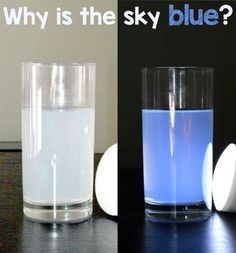 two different shots of blue and white liquid next to each other with the words, why is the sky blue?