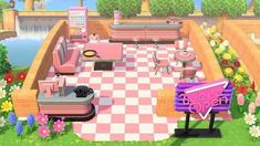 a pink and white checkered floored patio with chairs, tables and other furniture