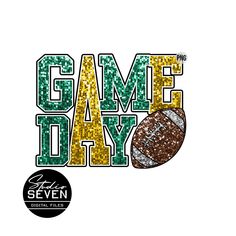 a football with the words game day on it and an image of a football in glitter letters