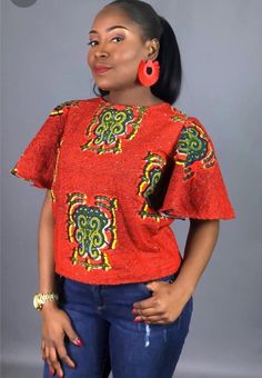 Orange Stretch Crop Top With Short Sleeves, Trendy Orange Short Sleeve Crop Top, Casual Party Tops With Bell Sleeves, African Print Top, Ankara Blouse, African Blouses, African American Fashion, African Tops