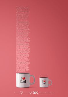 two coffee mugs with the words i love dad written in white on pink background