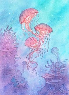 watercolor painting of jellyfish in the ocean