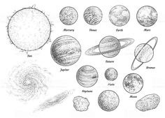 the solar system with all its planets in black and white royalty photo, illustration or drawing