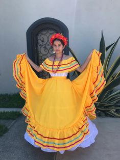 Mexican Dress With Top Child Size Handmade-beautiful-frida | Etsy Mexican Traditional Clothing, Coco Theme Party, Jalisco Dress, Folklorico Dresses, Mexico Dress, Mexican Skirts, Traditional Mexican Dress, Mustard Skirt, Mexican Boho