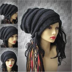 three pictures of a woman's hat with dreadlocks on top and bottom