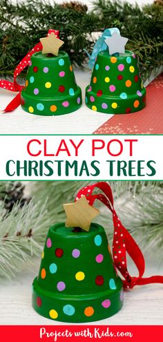 clay pot christmas trees with ribbon on them and the words clay pot christmas trees above it