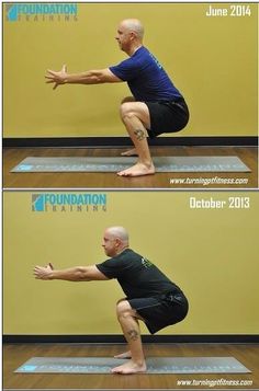 an older man doing yoga poses in front of a wall with the words foundation written on it