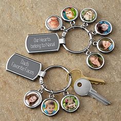 a bunch of key chains that have pictures on them