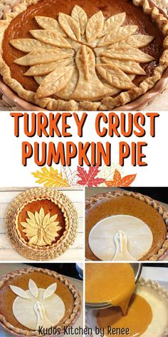 turkey crust pumpkin pie is shown in four different pictures and has the words turkey crust on it