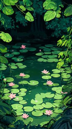 a painting of water lilies in the middle of a pond surrounded by green leaves