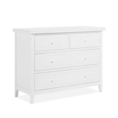 a white dresser with three drawers and two pulls on the bottom, in front of a white background