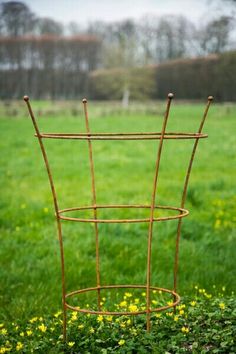 a metal plant stand sitting in the grass