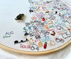 a close up of a embroidery on a white cloth with words and animals in it