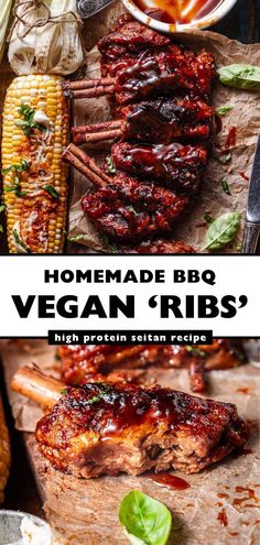 bbq ribs and corn on the cob with text overlay that reads homemade bbq vegan ribs