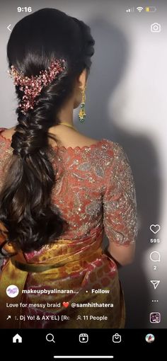 Front Hairstyle For Messy Braid, Reception Hairdo For Saree, Hairstyles For Medium Length Hair Bridal, Long Jada Hairstyles, Braided Hairstyles South Indian, Indian Hairstyles For Traditional Saree, Tradition Hairstyle Indian, Simple Hairstyle For Reception, Silk Saree Hairstyles Indian Open Hair