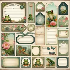 a collection of tags and stickers with frogs, flowers, and butterflies on them