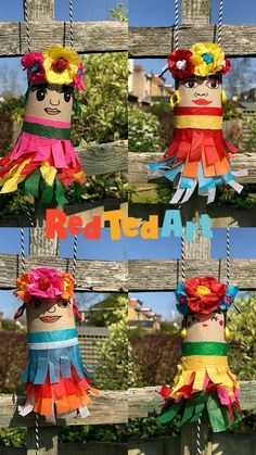 three colorful paper dolls hanging from a wooden fence with the words red teda above them