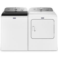 a washer and dryer sitting side by side on a white background with no one in it