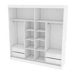 an open white closet with shelves and drawers on the bottom shelf, isolated against a white background