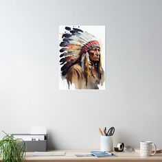 High-quality posters to hang in dorms, bedrooms or offices. Multiple sizes are available. Printed on 185gsm semi gloss poster paper. Additional sizes are available. This watercolor wall art features a stunning portrait of a Native American Indian Chief. The artwork is available as a poster, metal print, or canvas, providing a range of options to suit your preference and decor style. The watercolor technique creates a soft, dreamy effect that adds a touch of elegance to the piece. The chief's features are depicted with strength and nobility, capturing the wisdom and experience of a respected leader. The use of earthy tones and hues of blue and green in the color palette further adds to the natural and grounded feel of the artwork. The piece is a beautiful addition to any room and is perfect Native American Peoples, Indian Chief, Watercolor Wall, Watercolor Wall Art, The Wisdom, Watercolor Techniques, Native American Indians, American Indian, Earthy Tones