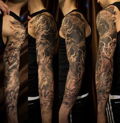 three different views of a man's sleeve with dragon tattoos