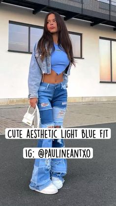 Aesthetic Light Blue, Aesthetic Light, Blue Fits, Ripped Jean, Two Piece Pant Set