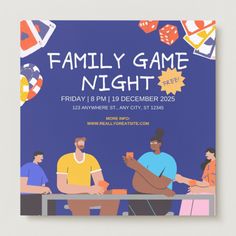 a family game night flyer with people sitting at a table