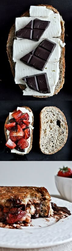 there is a sandwich with chocolate and strawberries on it next to other food items