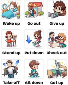 an image of some people doing different things in the room with words above them that read wake up, go out, stand up, put down, check out, and take off