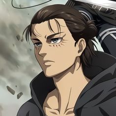 an anime character with long hair and blue eyes, standing in front of a motorcycle