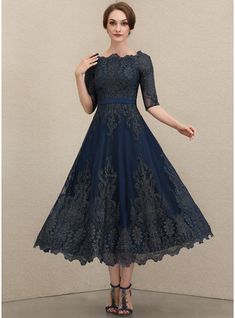 JJ's House Satin Lace Boat Neck Fall Spring Summer Winter A-line Plus General Belt/Sash No Leg Slit Scoop Back Zip Elegant Dark Navy Height:5.8ft（176cm） Bust:32in（82cm）Waist:24in（61cm）Hips:35in（89cm） No Tea-Length Blue 1/2 Sleeve Evening Dress. #JJ's House #Satin #Lace #BoatNeck #Fall #Spring #Summer #Winter #Aline #Plus #General #BeltSash #NoLegSlit #Scoop #BackZip #Elegant #DarkNavy #No #TeaLength #Blue #12Sleeve #EveningDress Bride Dress Lace, Mother Of The Groom Dress, Mother Of Bride Outfits, Lace Bride, Embroidered Lace Dress, Satin Evening Dresses, Evening Dresses With Sleeves, Mother Of The Groom Dresses, Mother Of The Bride Outfit