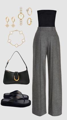 Elegance Dress, Elegant Evening Wear, Chic Streetwear, Classy Fashion, Grey Trousers, Chunky Sandals, Classy Casual