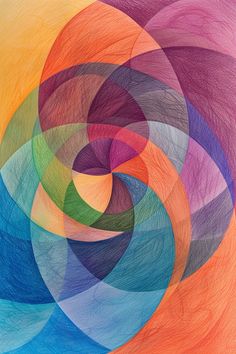 an abstract painting with many colors and shapes in the center, including orange, blue, pink