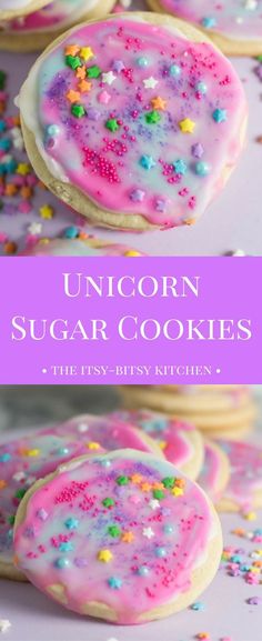 unicorn sugar cookies with sprinkles and pink frosting on top are shown