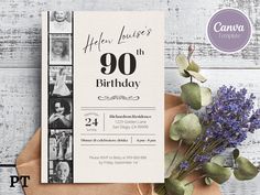 a 90th birthday party card with photos and flowers on the table next to it