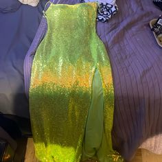 This Dress Is A Size 6 But Im 5�’5 And About 150lbs And It Fits And Hugs All The Right Curves And Places. It Does Have An Awkward Slit Inside Of The Dress So Try Not To Put Your Body Within That Slit.It Does Have A Little High Slit On The Left Hip That’s Super Cute. Lime Green Dress, Green Dress, Lime Green, The Dress, Prom Dresses, Super Cute, Size 6, Womens Dresses, Green