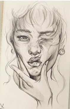 a pencil drawing of a woman's face with her hands on her chin and nose